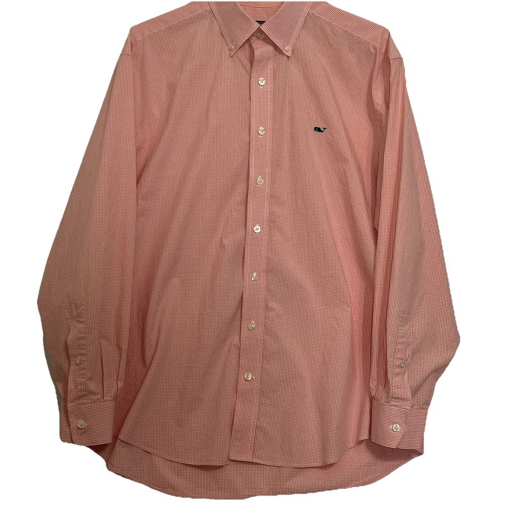 Vineyard Vines Whale Shirt Large Long Sleeve Button Collar Salmon Micro Plaid